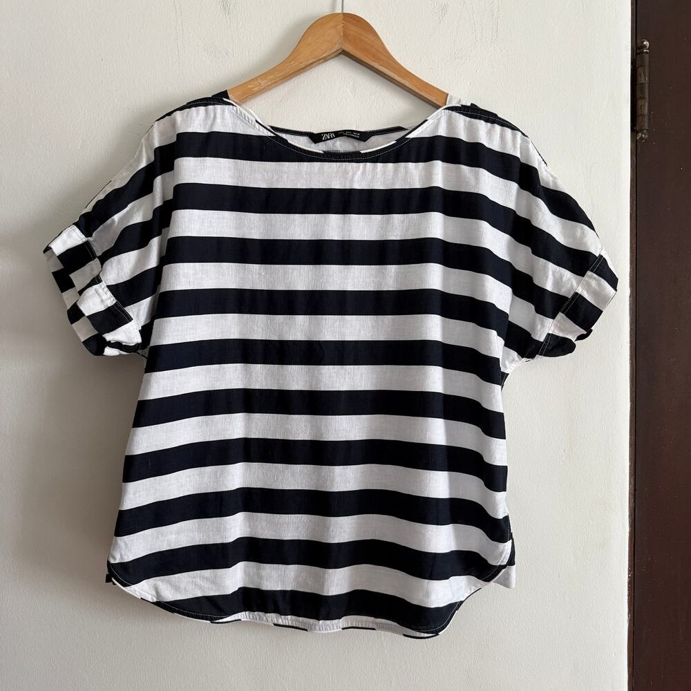 ZARA Linen Blend Black and White Striped Boxy Cap Sleeve Bateau Neck Shirt Large